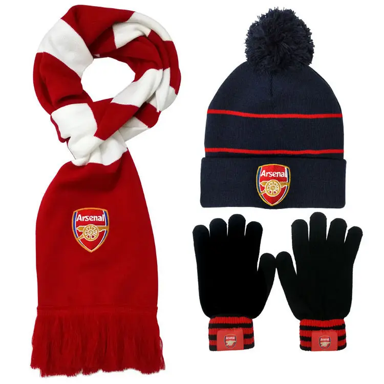 Пользовательский футбольный фанат, подарочный набор, вязаный шарф, перчатки, шапка, спортивный шарф, Футбольная команда, вязаный футбольный шарф