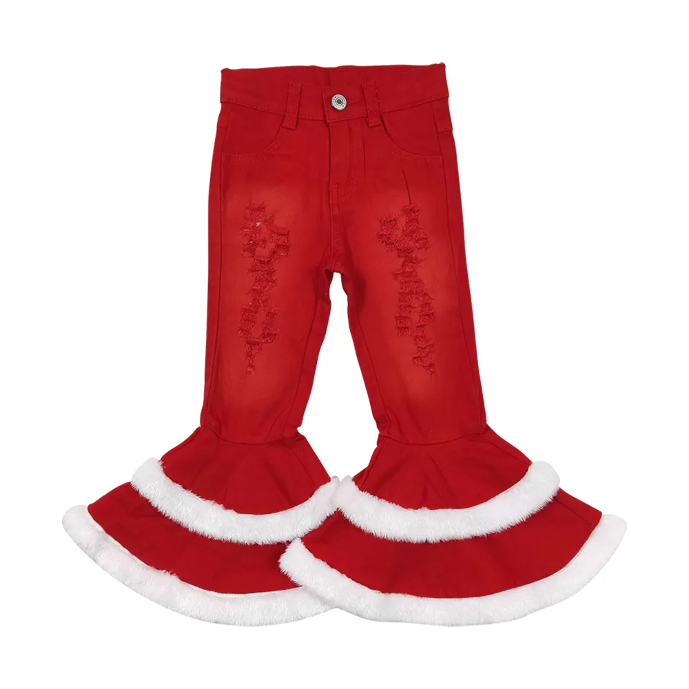 2024 Rots क्रिसमस लाल रिपर डेनिम पैंट लड़कियों जींस घंटी-नीचे जींस लड़की बुटीक उच्च गुणवत्ता वाले नए आगमन हॉट सेल