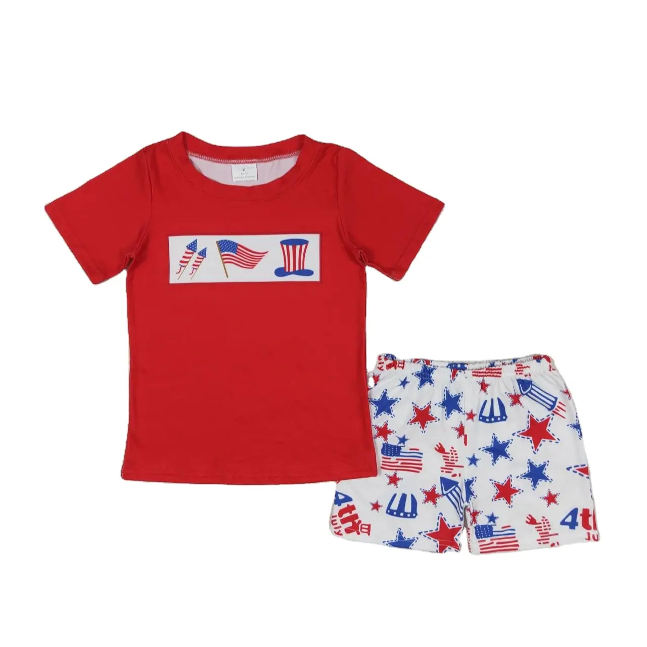 Vente en gros 4 juillet Offre Spéciale vêtements de boutique western pour bébés garçons vêtements drapeau chapeau rouge short étoile à manches courtes costume