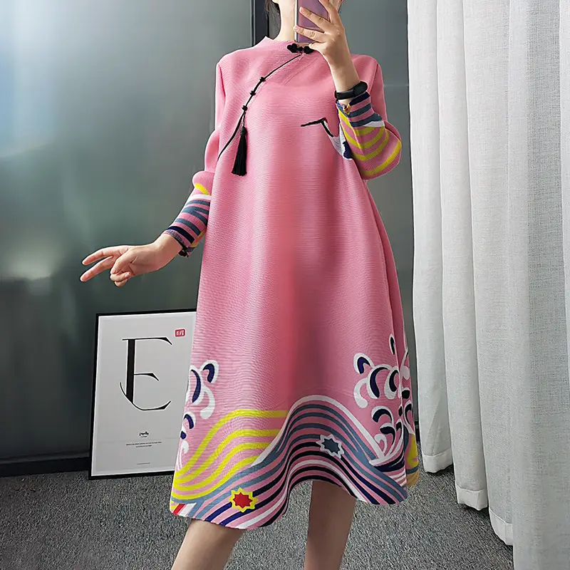 Vestido cheongsam retrô plissado, primavera 2022 com estilo chinês