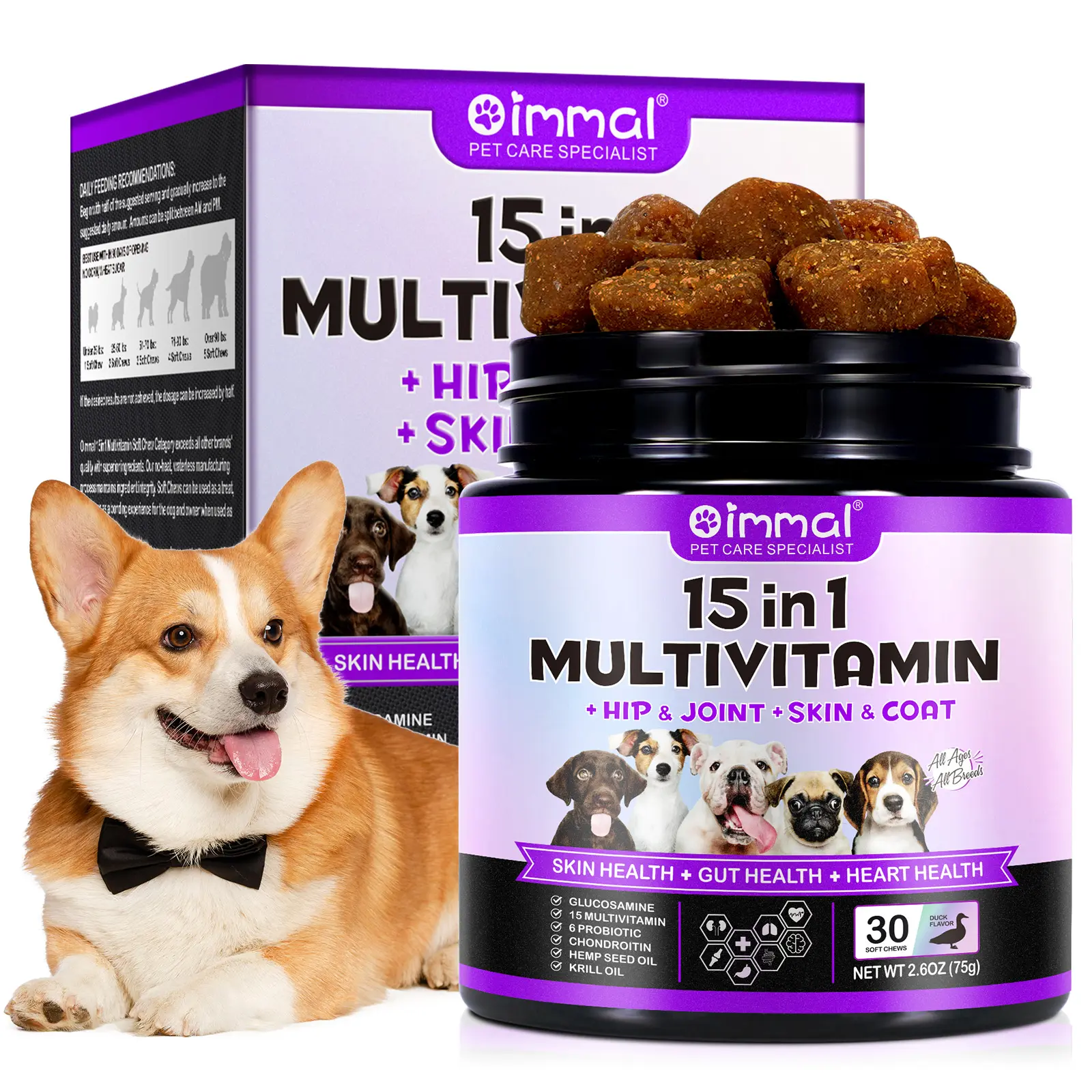 Oimmal 30 Soft Chews 15 en 1 Multivitamine et Supplément de Vitamines pour Animaux de Compagnie pour le Chien Immunité Digestion Articulation Soutien de Santé Cardiaque