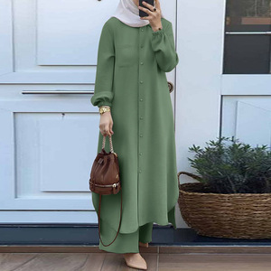 Style Elegant <strong>Gulf</strong> Muslim Set Long Sleeve Shirt Top Wide Leg Pants Trousers Bottom Islamic Women Clothing - Product Image 4