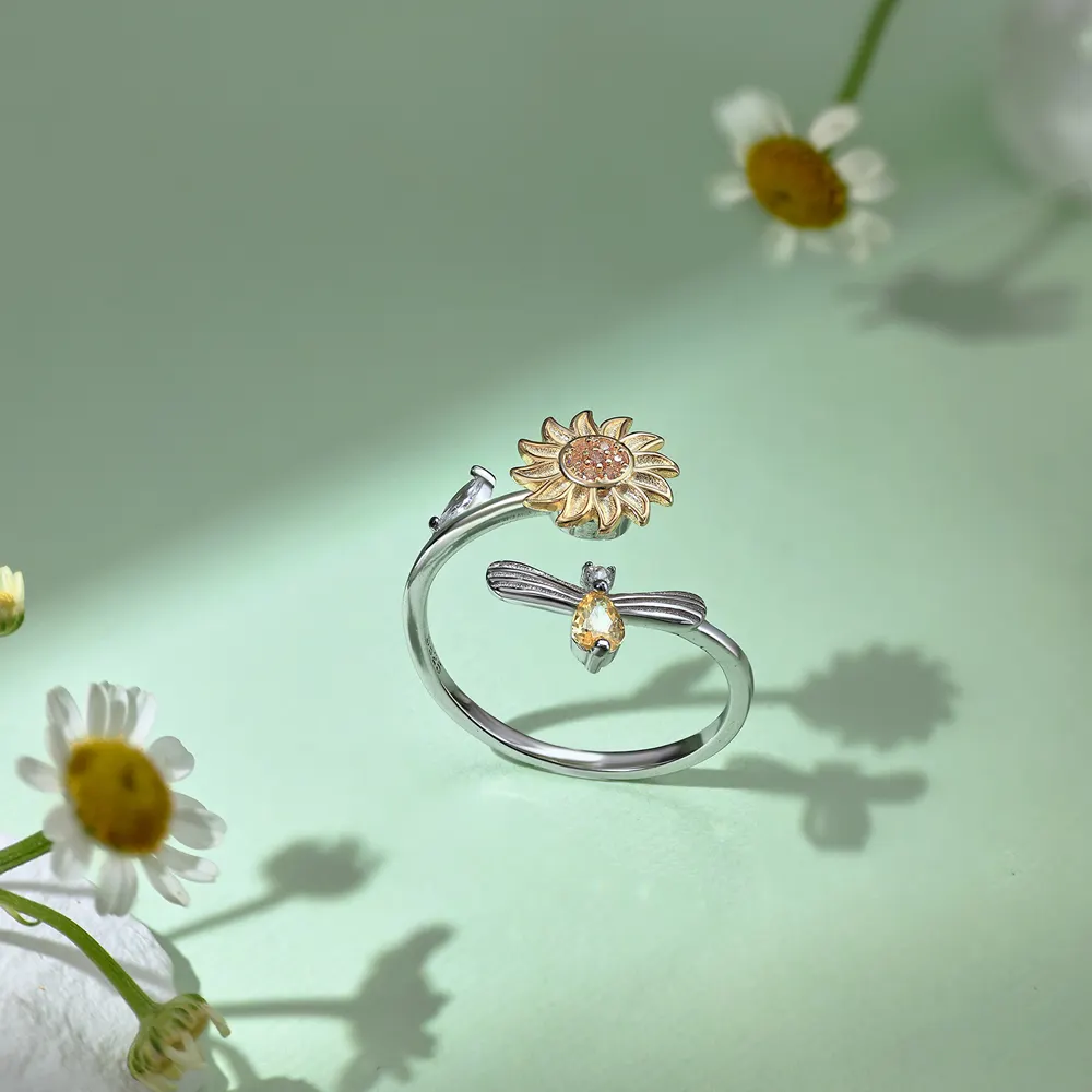 Dainty Dichroic Plating 925 Sterling Silver Sunflower Bee Shape Adjustable Open Anxiety Spinning Rings for Women