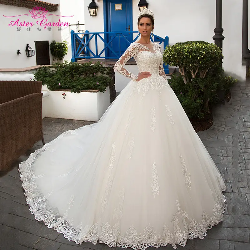 Aster-Vestido De novia De manga larga 2 en 1, traje De boda con chaqueta y Apliques De encaje De princesa, para jardín, 2021