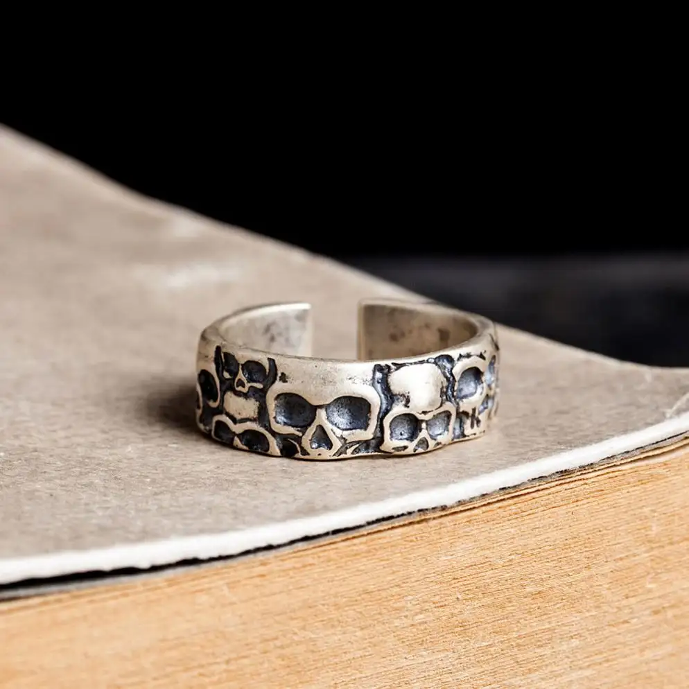 Adjustable Size Punk Rock Hip Hop Style Sterling Silver Jewelry Personalized Skull Open Vintage Silver Ring For Men 925