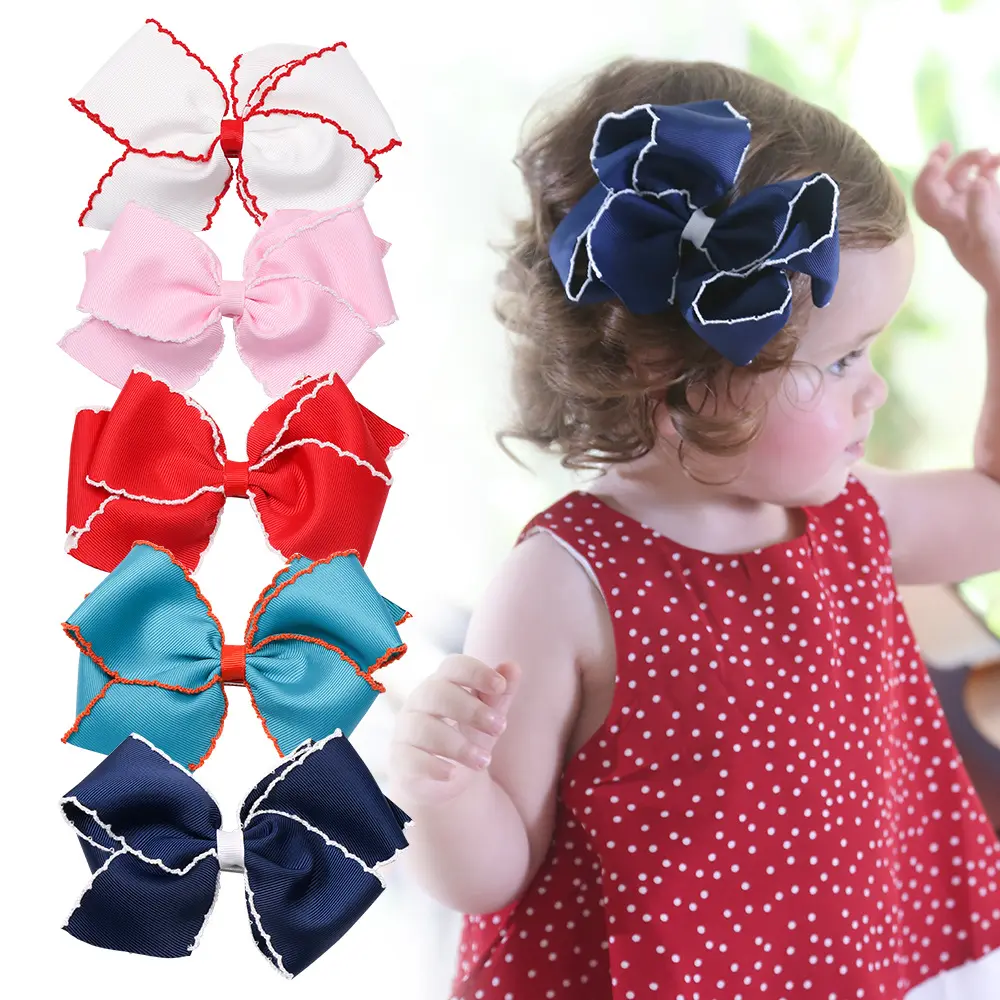 5Inch Moonstitch Edge Bows Clips Grosgrain Ribbon Acessórios para o cabelo para meninas Toddlers Teens Stylish Hair Bows