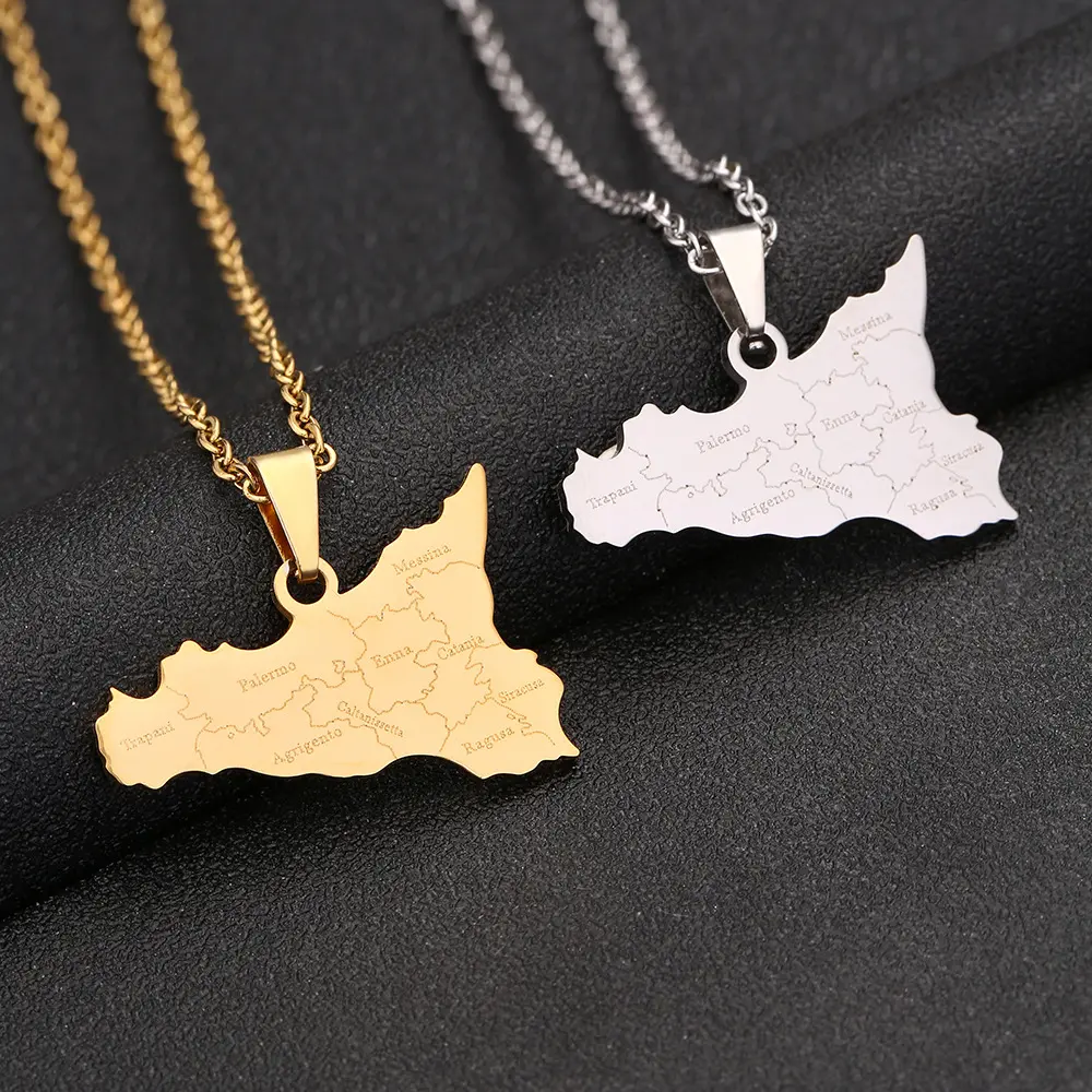 Collana minimalista con ciondolo mappa italia Sicilia con nomi di città collana con mappa Sicilia placcata oro 18 carati italia Heritage Jewelry Gifts