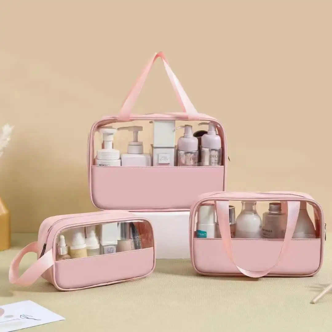Pabrik Kustom Tahan Air Transparan Jelas PU PVC Tas Kit Pink Mencuci Perlengkapan Mandi Kosmetik Tas Makeup Kantong