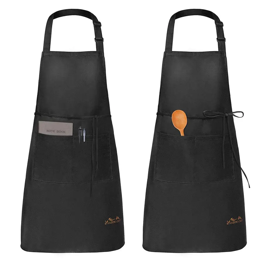 Factory Custom Logo Plain Cotton Polyester Waterproof Chef Cafe BBQ Food kitchen Cooking Black Aprons with big pocket