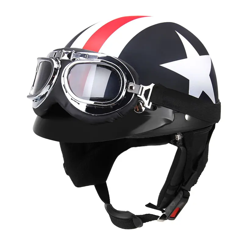 Half Open Face Classic Star Stripes Pattern Scooter Touring Motorcycle Biker Helmet with Goggles Visor Scarf
