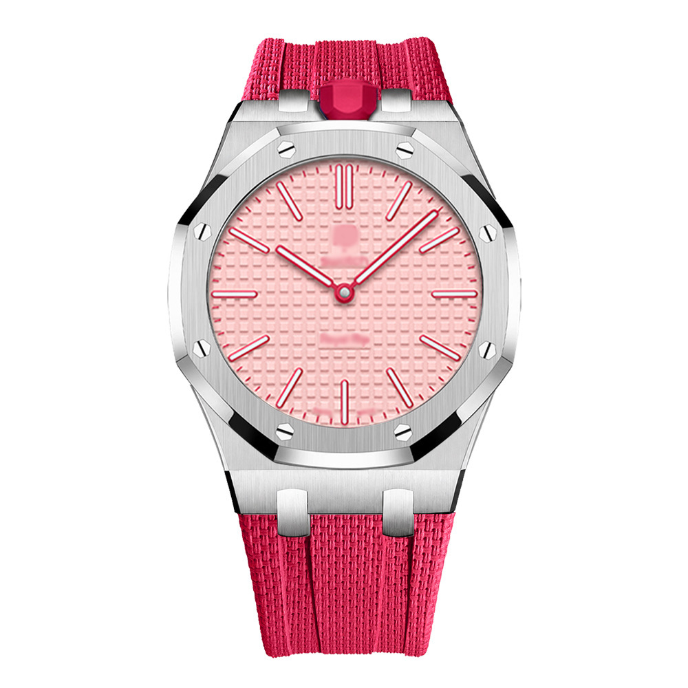 Boîtier argenté, 12 heures - Bracelet rouge rosé