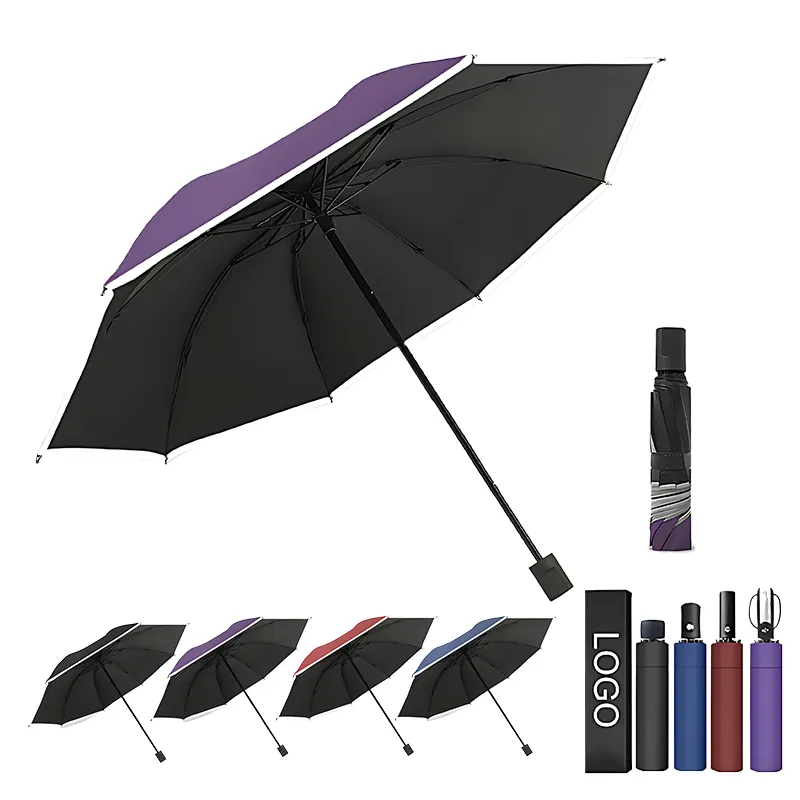 Aangepaste Logo Opvouwbare Draagbare Paraplu Compacte Winddichte Reis Opvouwbare Paraplu Met Reflecterende Streep