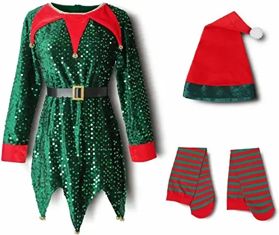 Disfraces navideños para niños Disfraces familiares Lindo verde rojo lentejuelas Elf niños y niñas disfraces de actuación
