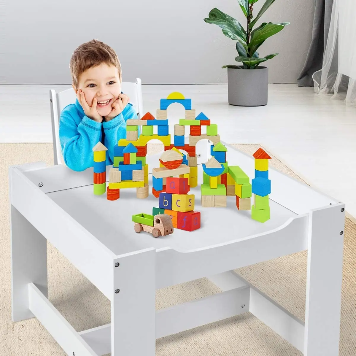 Juego de mesa y silla para niños, mesa de doble cara con caja de almacenamiento, escritorio de actividades de madera para niños, muebles de guardería