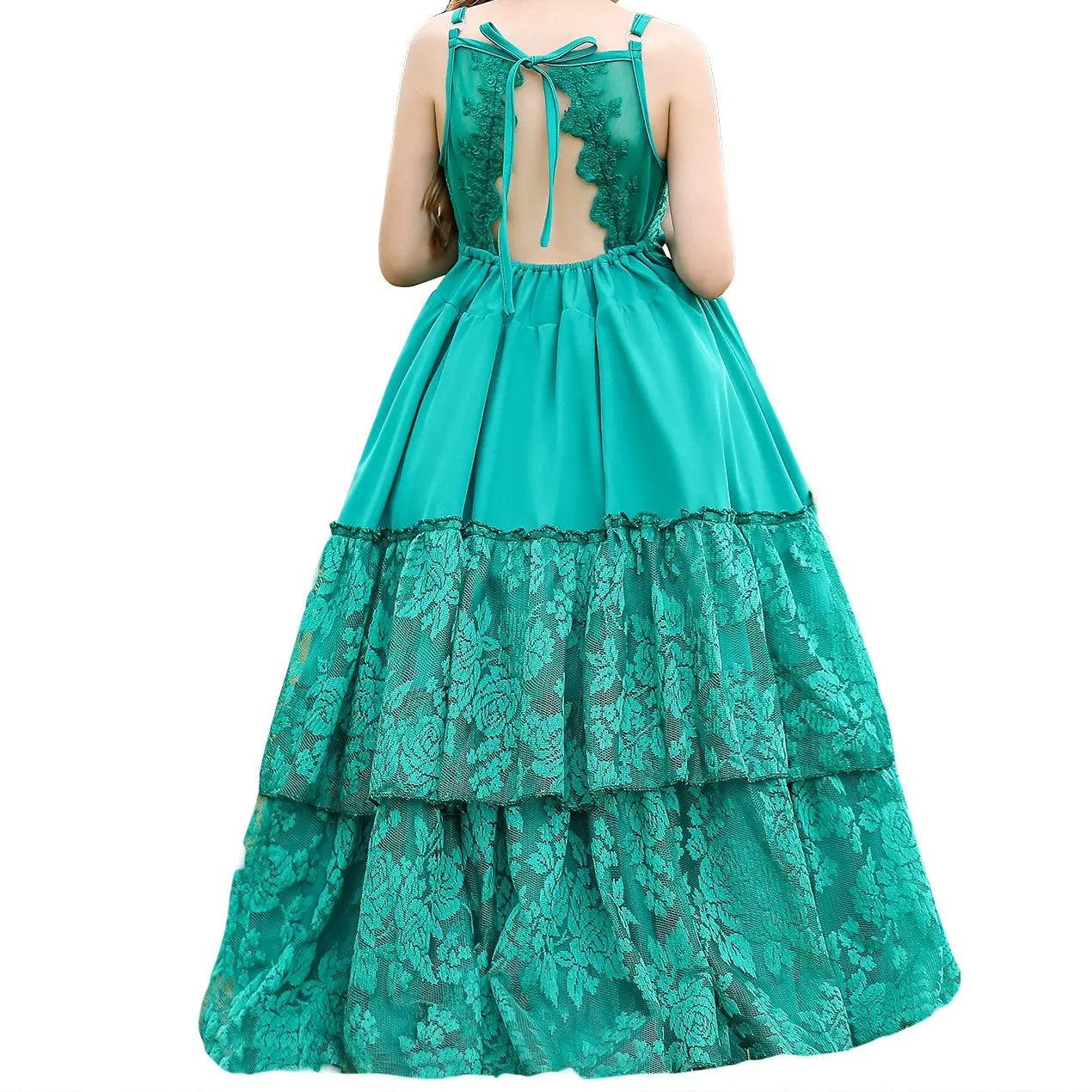 여자 프릴 원피스 보헤미안 생일 파티 등이없는 레이스 어린이 의류 새로운 디자인 민소매 십대 소녀 이벤트 멋진 드레스