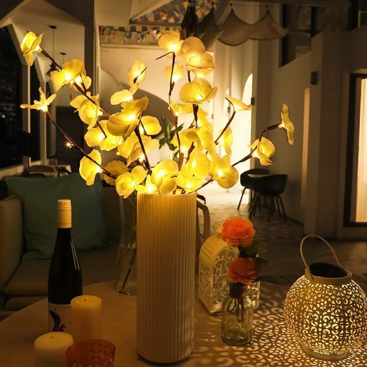 Lampe branche de phalaenopsis blanc, 20 lampes - lumière chaude à piles.