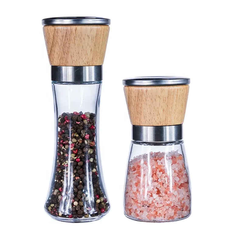Alibaba Lieferant Klar Glas Pfeffer Flasche mit Manuelle Grinder Deckel Spice MÜHLEN Bambus Holz Salz und Pfeffermühle Set von 2