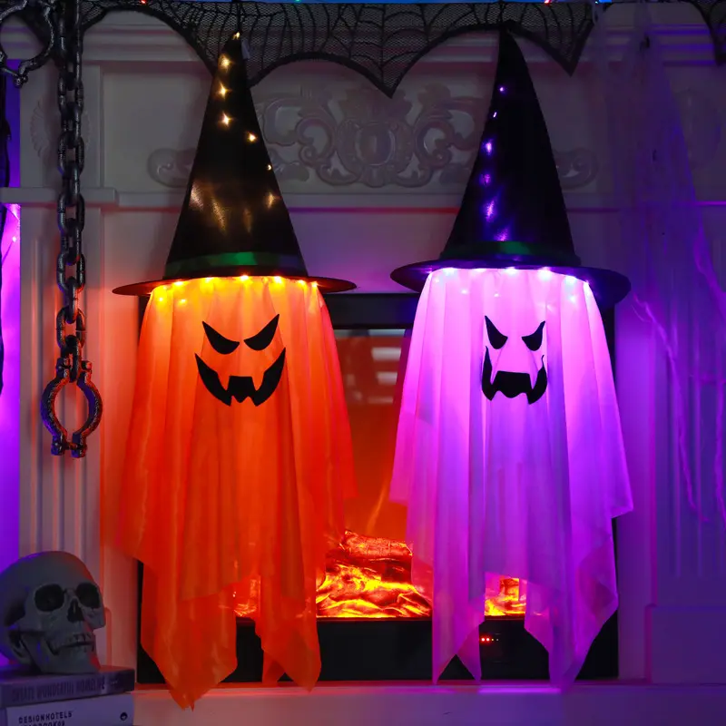 Luz colgante de Halloween Sombreros de bruja fantasma con luces de cadena LED Decoraciones de Halloween Decoración de fantasma brillante