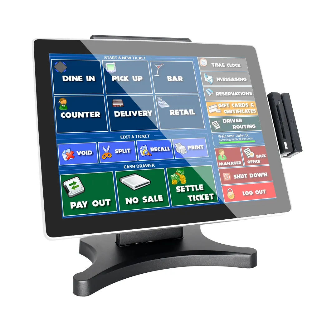 Terminal POS con Monitor de pantalla táctil VFD integrado, dispositivo de 15 "con WIFI, lector de tarjetas magnéticas, RS232, RJ11