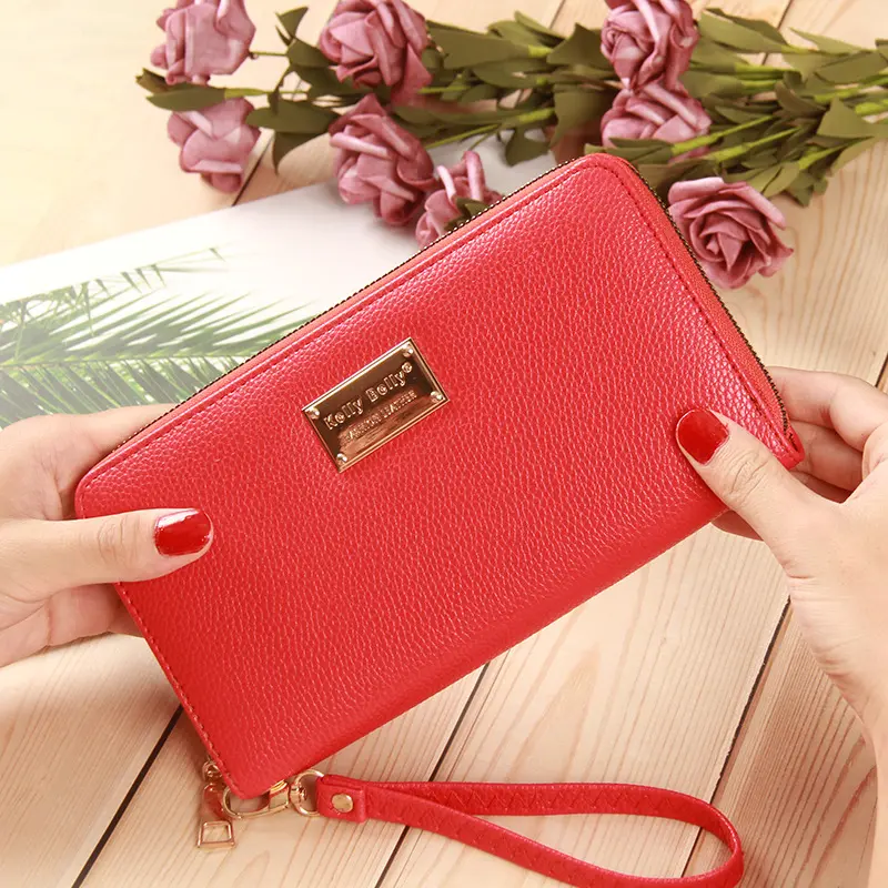 Trend lychee grain lady purse solid color PU leather long large capacity card bag manufacturers wholesale
