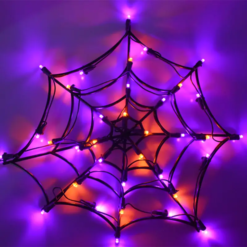 Lampu Halloween jaring laba-laba warna ungu oranye dekorasi Halloween lampu hitam PVC