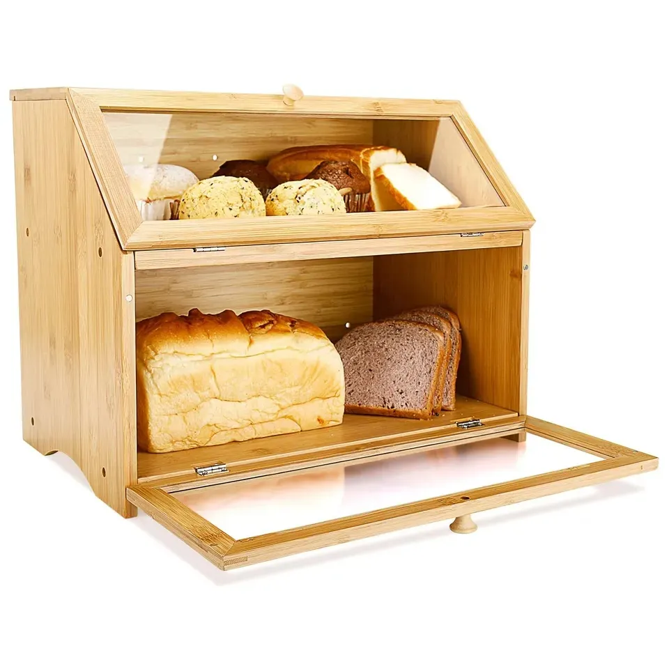 주방 조리대 용 2 단 식품 보관 케이스 상자 나무 대나무 빵 상자