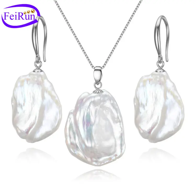 13-15 millimetri di grandi dimensioni grande formato keshi 925 sterling silver reale d'acqua dolce bianco perla d'acqua dolce gioielli insieme dei monili