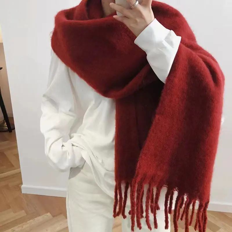 Sciarpa con frange in cashmere di lana tinta unita HZW-23050 scialle con bavaglino caldo e spesso allungato invernale da donna