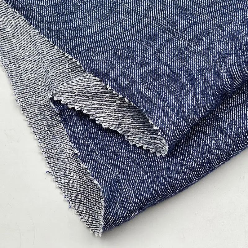 Productos listos sarga flameada 195gsm tejido yarda precio aspecto denim textura 100% tela de lino para traje chaqueta