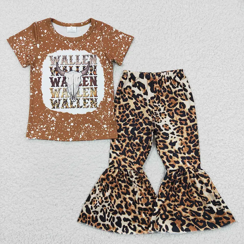 Baby Girl Kleding Sets Western Skull Bull Print Meisje T-Shirt Met Luipaard Cheetah Print Flare Pats Tweedelige Kids Outfits