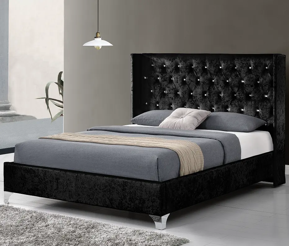 Cama de plataforma tapizada de tela de terciopelo aplastado, doble tamaño, moderna, con botones de diamante y cabecero de Ala