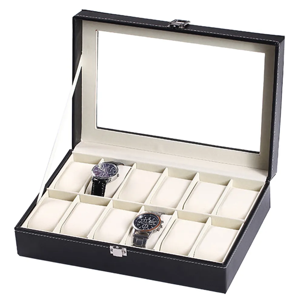 Özel logo 6 12 24 yuvaları lüks pu deri hediye paketleme saat saklama kutusu siyah tek seyretmek durumda band kayışı ekran kutusu