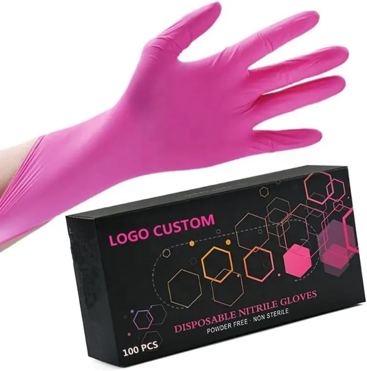 3mil rose vif Oem Logo personnalisé sans latex tatouage de barbier salon de beauté Spa nettoyage service alimentaire cuisine rose gant en nitrile gants