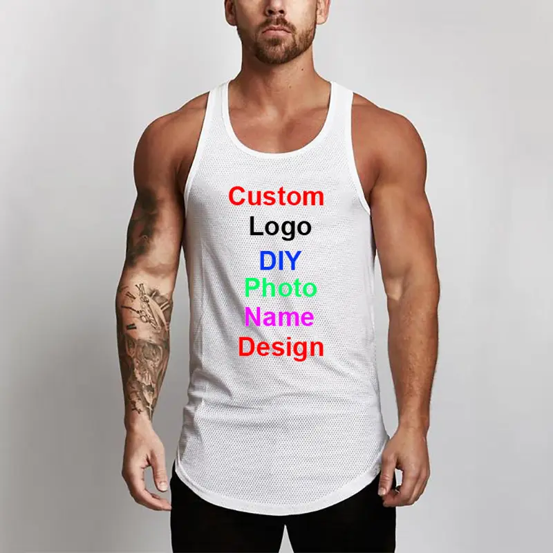 Logotipo de la foto Diseño propio Personalizado Hombres Malla de secado rápido Ropa de fitness Gimnasio Stringer Tank Top Hombres Culturismo Chaleco Camisa de entrenamiento