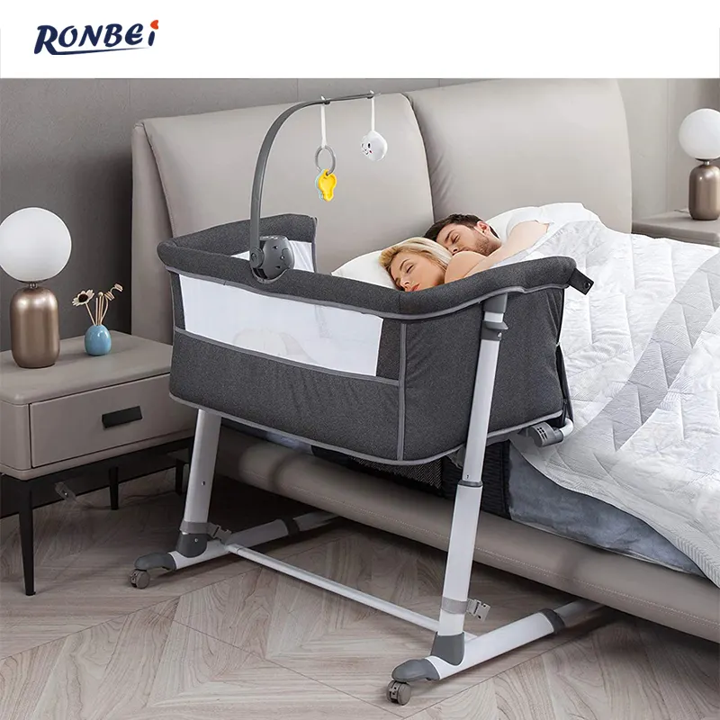 Grosir Ronbei Perabot Bayi Bayi Co Tidur Yang Dapat Disesuaikan dengan Kualitas Tinggi Boks Bayi Tempat Tidur Samping Tempat Tidur Keranjang dengan Roda