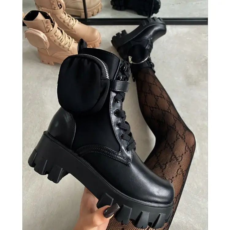 Botas de cuero de alta calidad para mujer, botines con plataforma acolchada y cordones, botines de otoño e invierno