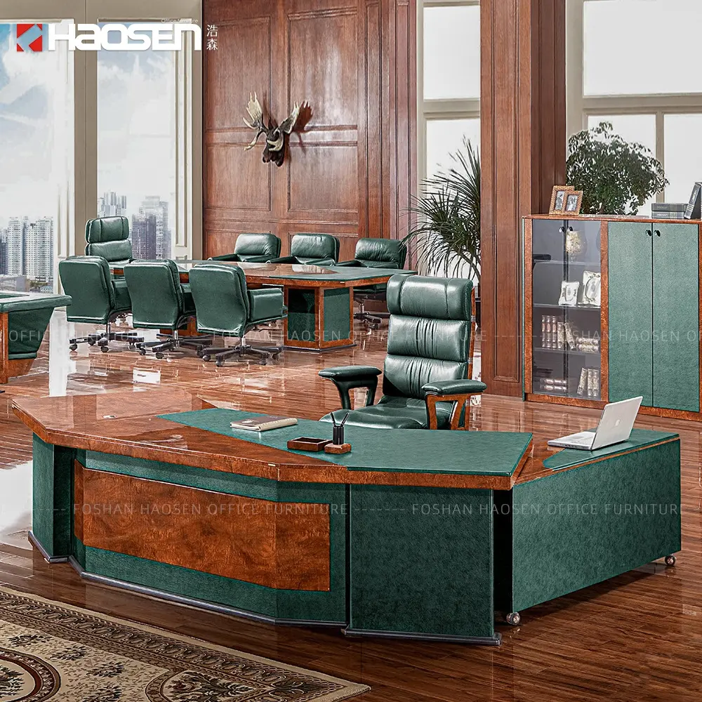 Classico No.6835 MDF Boss scrivania per sala da lavoro mobili per ufficio dimensioni 3400mm set scrivania e sedia direzionale in pelle verde