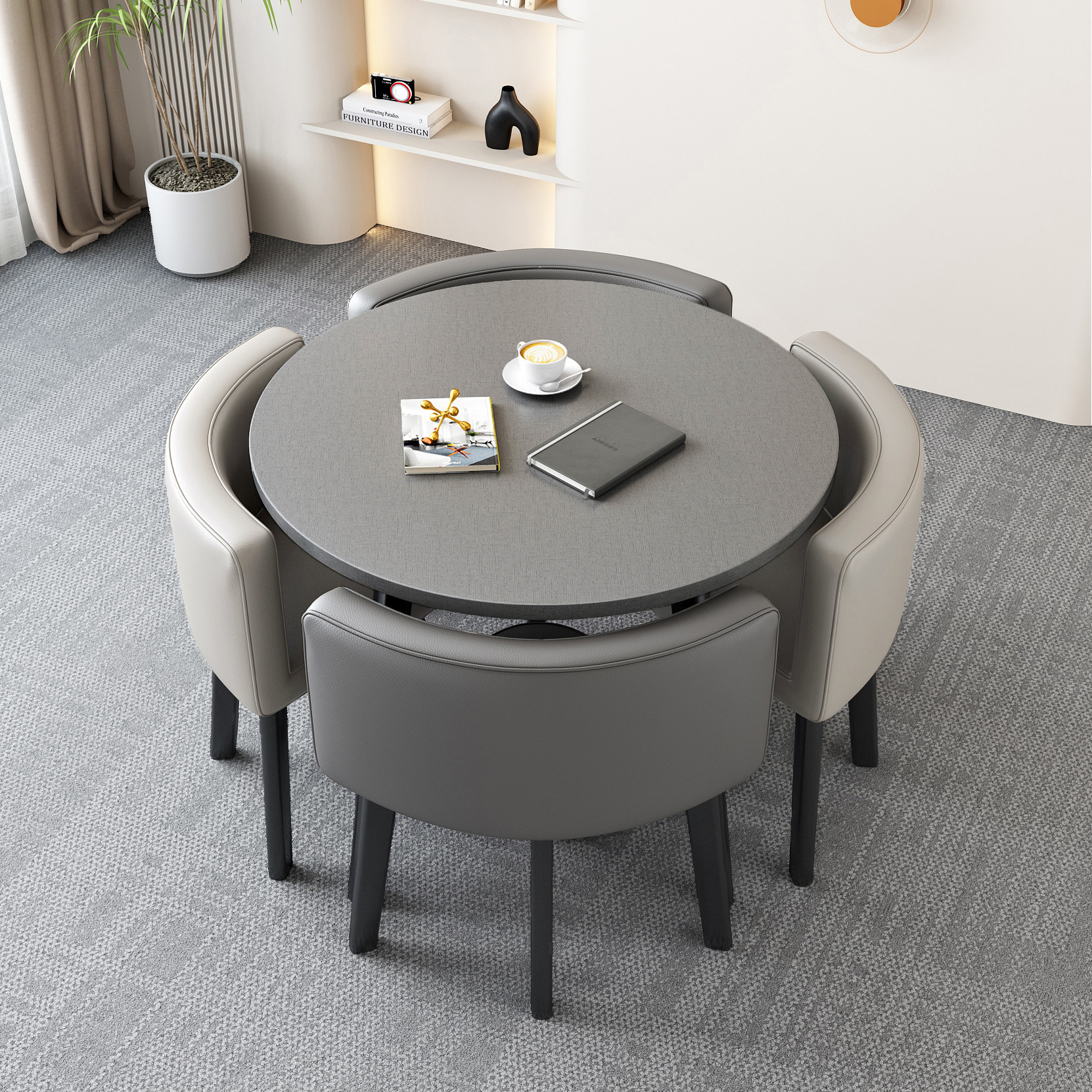 โต๊ะกลมสีเทา-2 เก้าอี้หนังสีเทาอ่อน-2 โต๊ะ-1 เก้าอี้-4