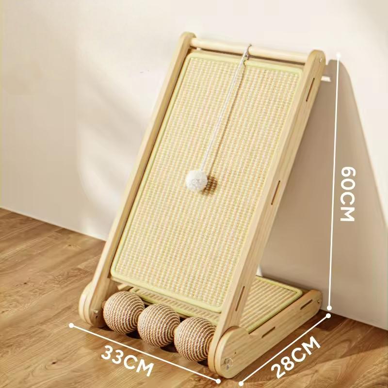 Griffoir mural pliable pour chat, en bois massif et jute, avec balle.