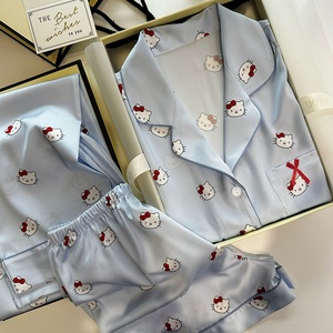 חמוד שלום חתלתול קריקטורה סאטן סוף גבוה סאטן שלושה חלקים חליפת פיג 'מה בקיץ לילה ללבוש הסיטונאי - Product Image 4