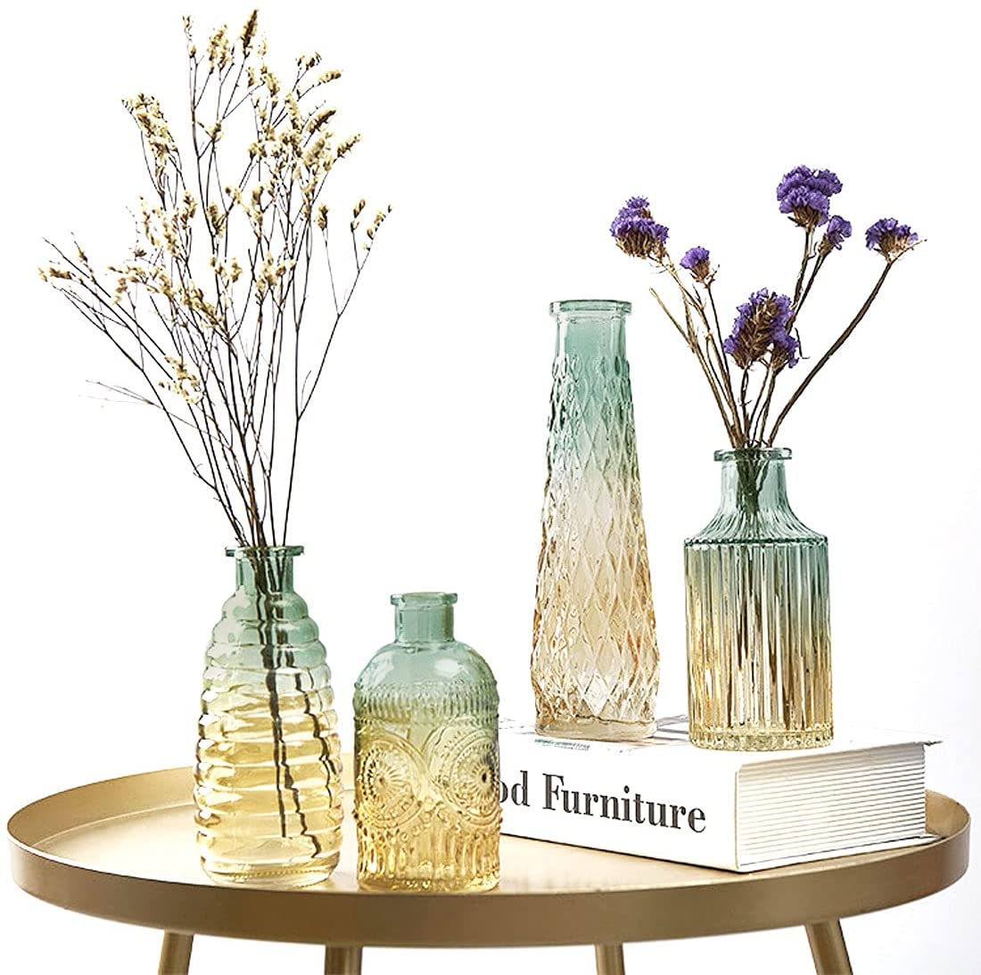 Set of 4 Cute High Quality Lead Free Crystal Colorful Bud Baroque Glass Vases for Home Wedding Table Flower Decorations