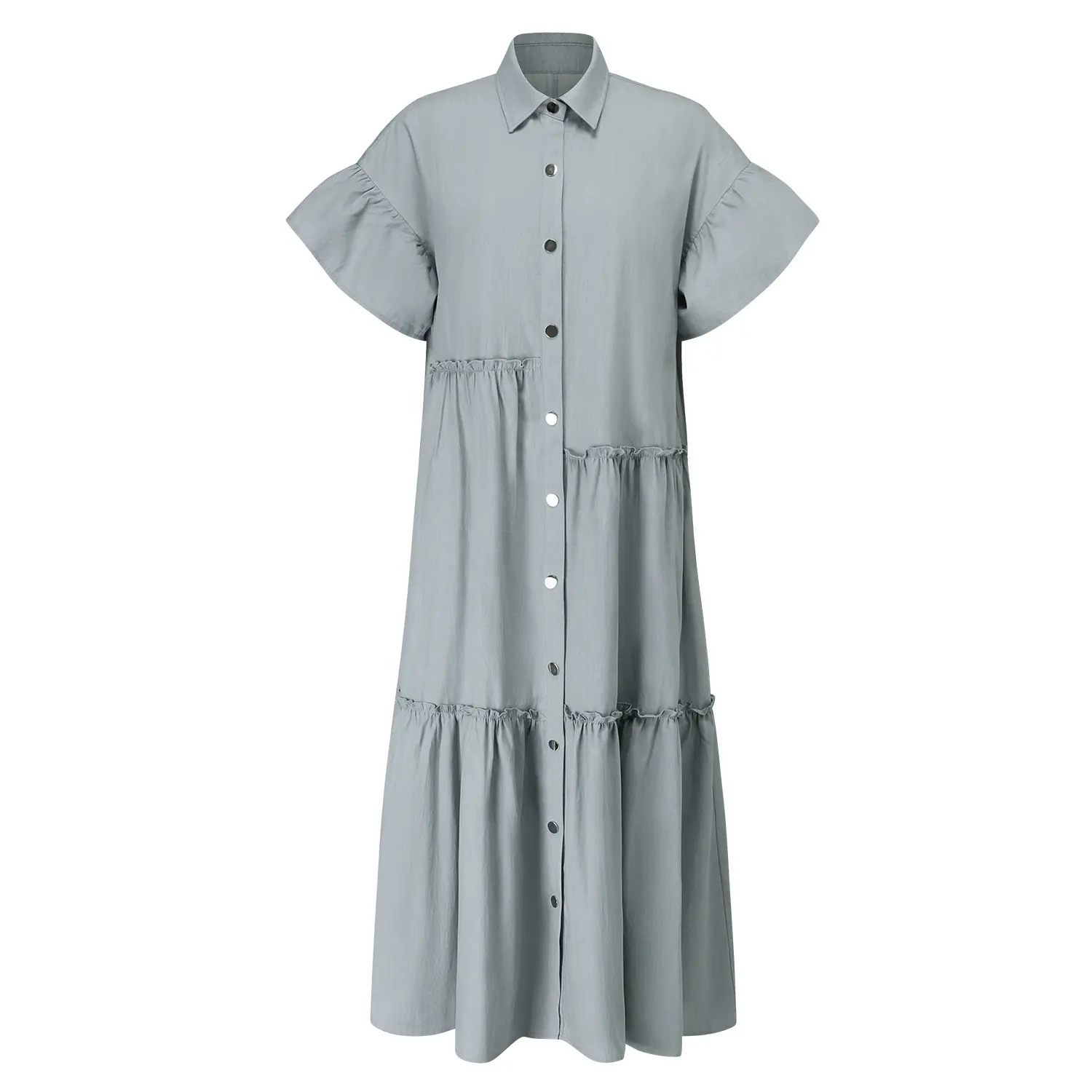 कस्टम ओम ब्लू टियर कैजुअल डेनिम कपड़े ड्रेस 2024 रफ़ल शॉर्ट स्लीव बटन डाउन डेनिम जीन ड्रेस महिलाओं के लिए लंबी