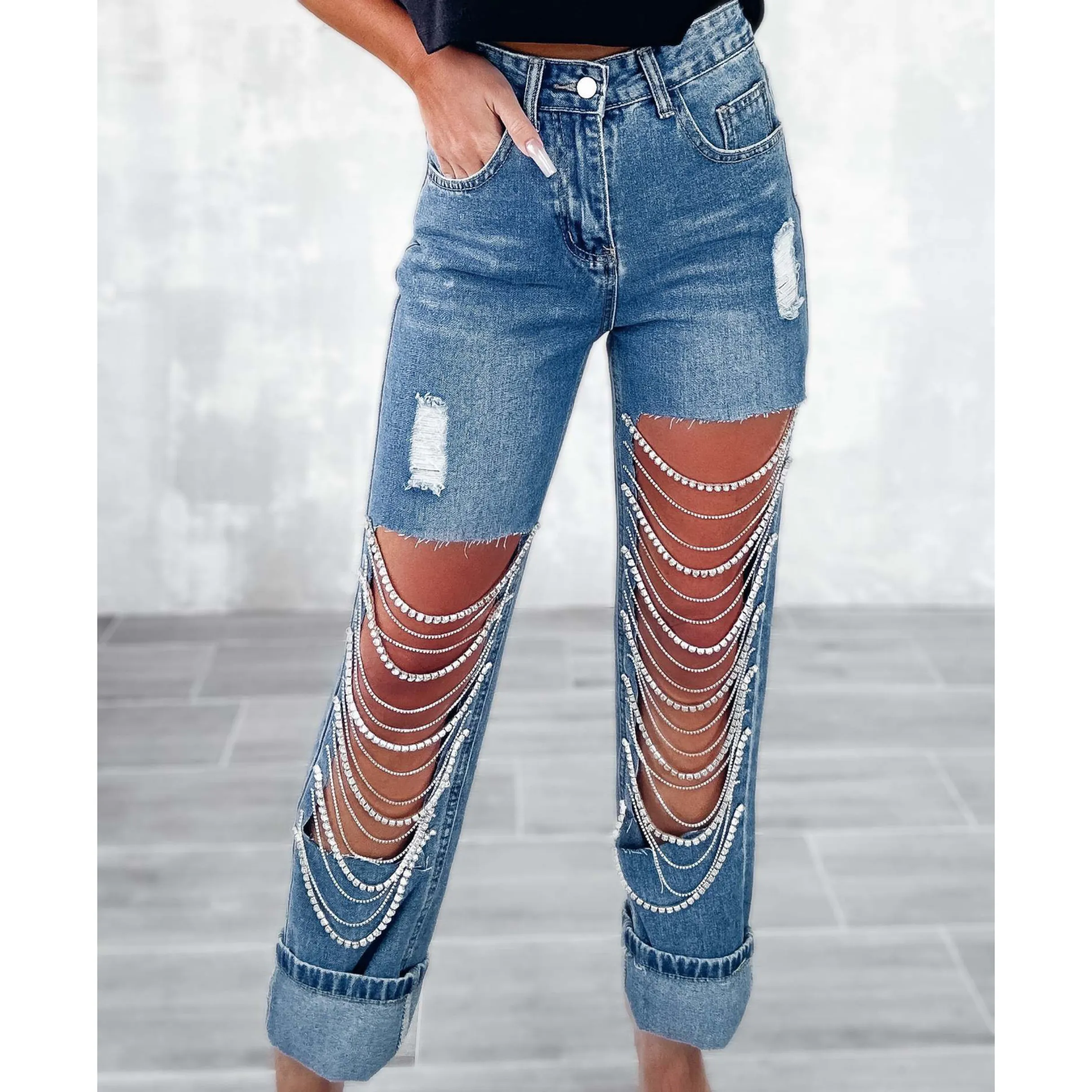 2023 Fall Straight Jeans Women Holes Diamond Rhinestones Chains High Waist Fashion Streetwear Tassel Women Denim Pants Jeans