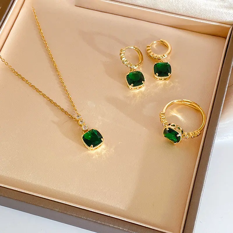 2022 conjunto de joias com exibição, brincos com esmeralda de luxo, colar, prata 925, agulha brilhante, verde, zircônia, joias de cristal para mulheres