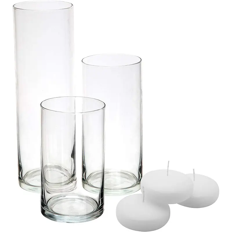 Jarrones de vidrio populares, centro de mesa de boda, Blanco transparente, recipiente de cera de arena para boda, jarrón cilíndrico de vidrio transparente para velas flotantes