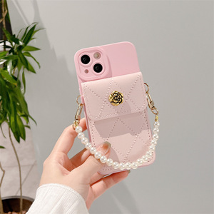 新款设计珍珠表带斜跨链皮革漂亮手机套适用于iPhone 15 14 13 12 11 pro max Cover