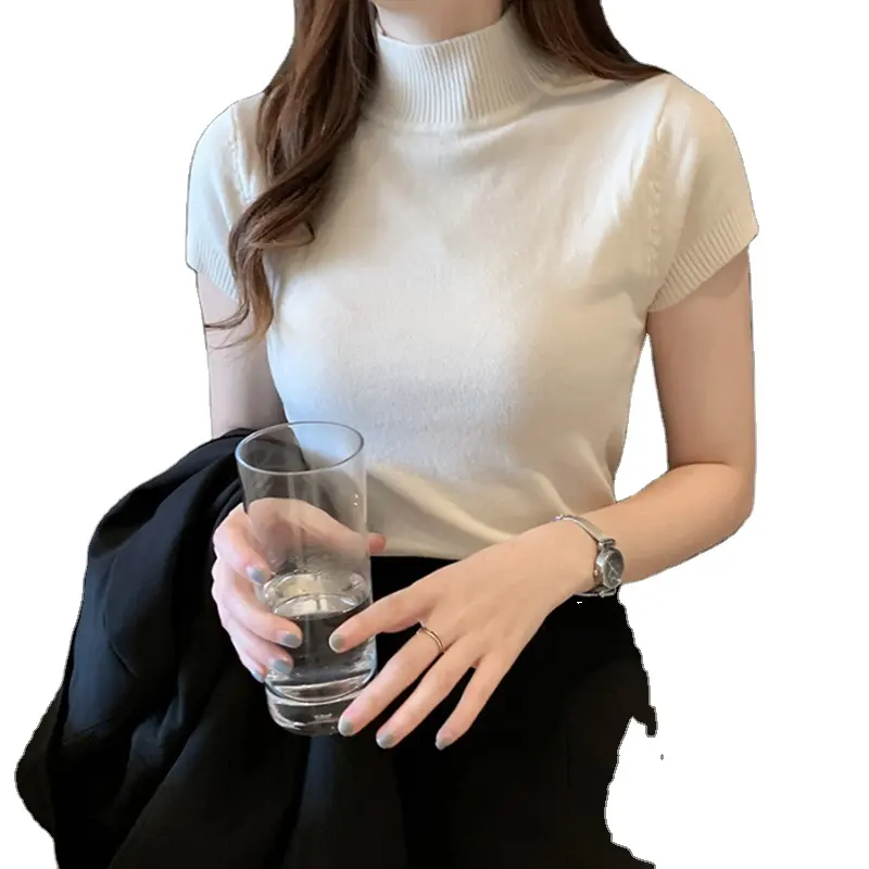 Fashion Knitt Short sleeved T-shirt Women New Half Turtleneck Stretch Knitted Tshirt office Solid Casual Spring Female Tops