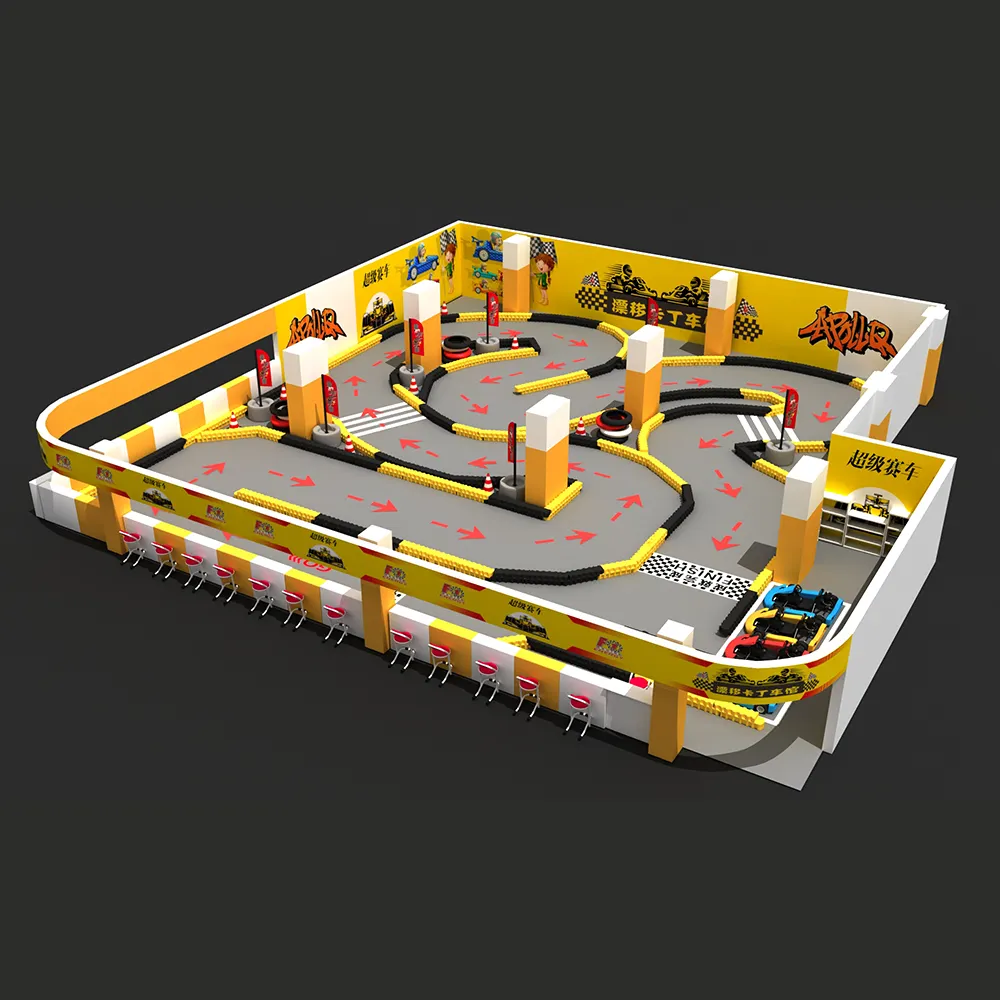 Area Go Kart kustom anak-anak dalam ruangan elektrik Go-kart mobil balap Area tata letak pembatas jalur desain zona permainan dalam ruangan