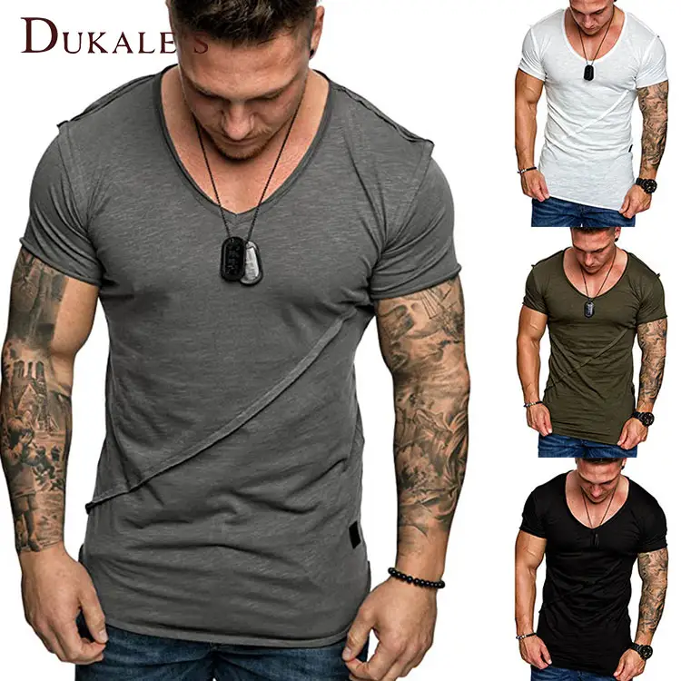 Dukale 'S Dryblend Bamboe Diagonale Streep Ronde Bodem Lange Tshirt Gebogen Zoom Longline Stitch Leer Diepe V-hals T-shirt Voor Mannen
