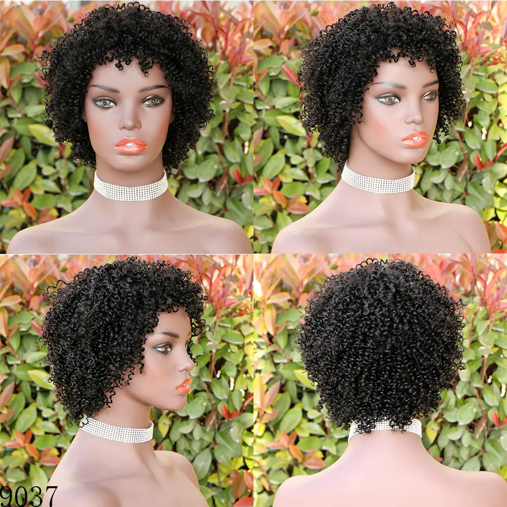 Peruca cabelo curto brasileiro, feita a máquina afro, encaracolado, cor natural remy, cabelo humano para mulheres negras